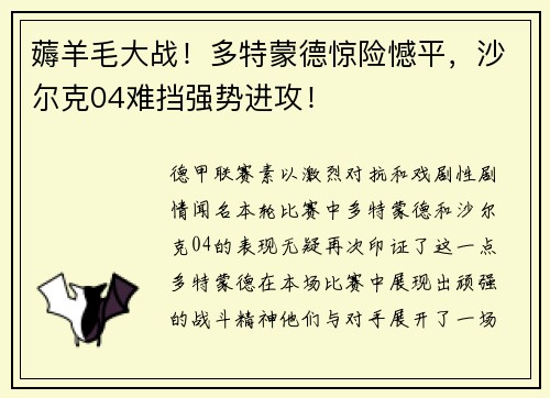 薅羊毛大战！多特蒙德惊险憾平，沙尔克04难挡强势进攻！